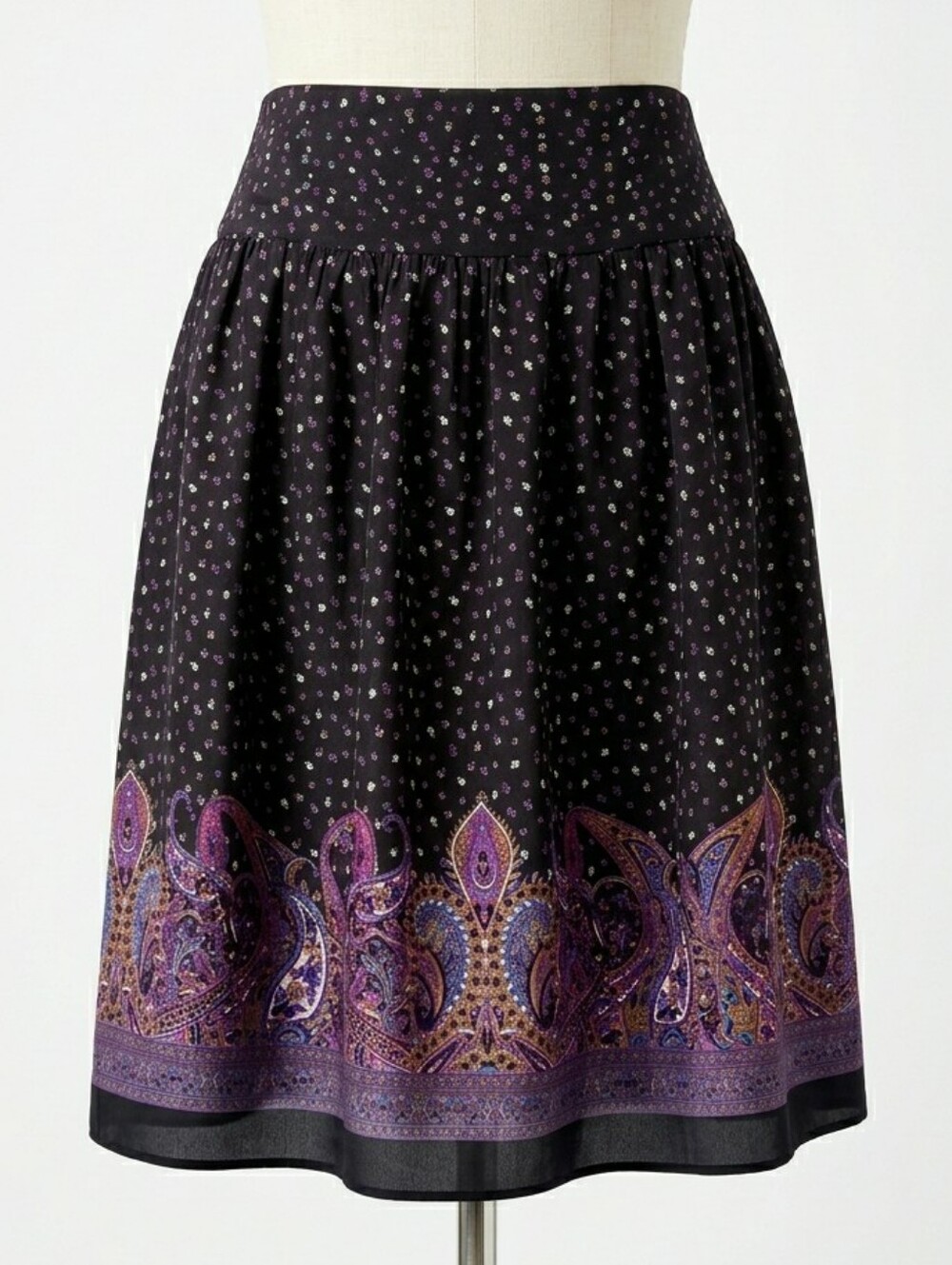 Vintage CROWN OF HEARTS Black Paisley Border Skirt Boho Skater Circle Flared L